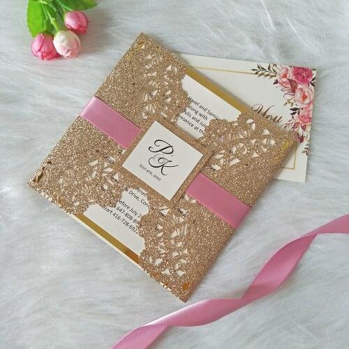 Luxury Glitter Personalized Print Insert With Gold Mirror Laser Cut Wedding Card and Ribbon Tag 50pcs DIY Anniversary Invite