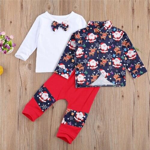 Baby Boys Christmas Clothes 3 Piece Set Print Lapel Collar Button-up Coat Long Sleeve O-neck T-shirt with Bow-knot Tie And Pants