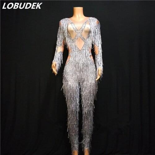 Silver Gray Crystals Tassels Long Sleeve Jumpsuit Elastic Fringe Skinny Bodysuit Sexy Stage Performance Club Bar Party Costume