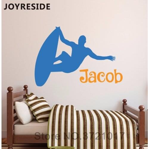 Boys Rooms Customed Names Wall Decal Surfing Board Teenager Bedroom Decor Wall Sticker Vinyl Sport Design Personalized Name M129