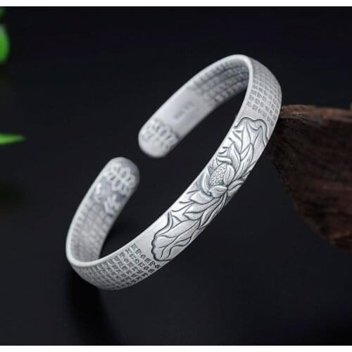 8MM 100% 925 Sterling Silver Vintage Six words Bracelets Women Men Fine Jewelry S925 Solid Thai Silver Cuff Mantra Bangles