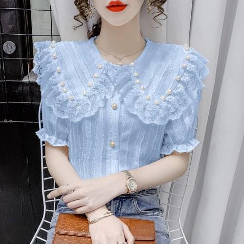 Women Floral Embroidery Beading Shirts Blouse Summer Short Sleeve Party Sweet Loose Office Peter Pan Collar Blusa Soft Outwear