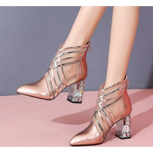 Womens Pointy Toe Mesh Breathable Ankle Boots Block Rhinestones Crystal Heel Genuine Leather Shoes Plus Size 2Colors New 2021