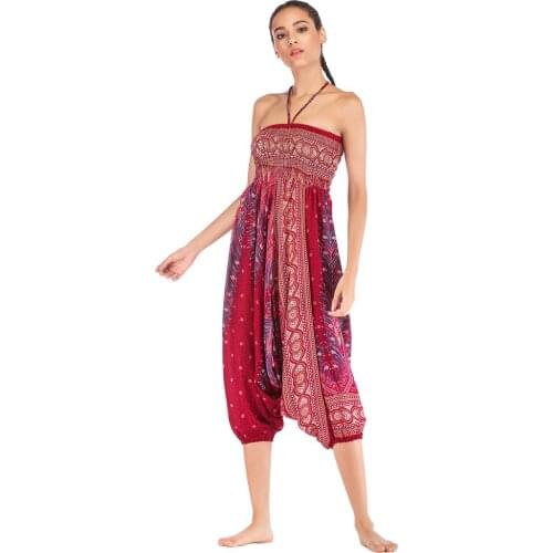 Womens Peacock Print Elastic Waist Harem Boho Hippie Pants Jumpsuit