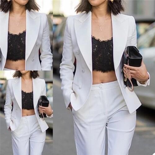 White Office Lady Women Suits Custom Made Peaked Lapel Blazer Fashion Elegant Business Double Breasted Jacket 2 Pieces