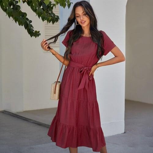 Women summer long dress high quality cotton Solid O-Neck Short Sleeves Casual Womens Dress with belt Slim female long dresses