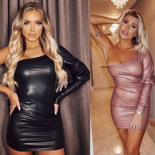 Vogue Casual Solid Women Autumn Slim Sexy One Shoulder Long Sleeve Jumper Dress Free shipping Open Back PU Leather Party Dress