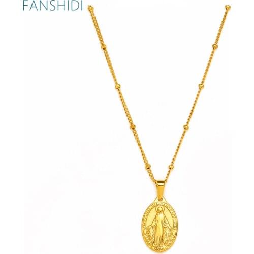 FANSHIDI Oval Virgin Mary Coin Gold Necklace Clavicle Chain For Women Stainless Steel Medal Pendant Necklaces Vintage Jewelry