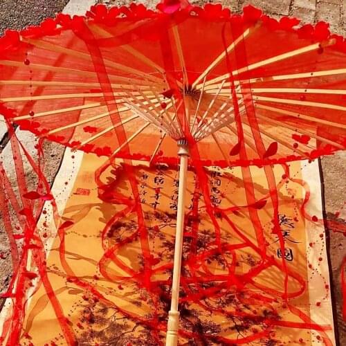 Wedding Ancient Hanfu Ribbon Flower Parasol Clear Chinese Lace Umbrella Cosplay Props Red Pearl Flower Moschino Women Paraguas