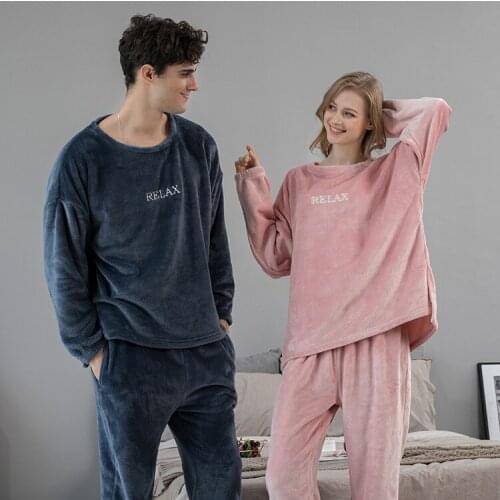 2021 Velvet Thick Warm Womens Winter Pajamas Set Flannel Couple Homewear Suit Pink Gray Two-piece Sleepwear Female Home Clothes