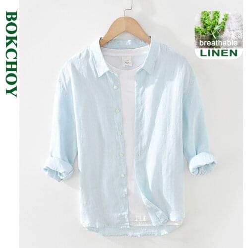 2021 Summer and Spring New Men Fresh Linen Three-quarter Sleeve Shirt Youth Thin Loose Square Collar Yarn-dyed Workwear GD-1808