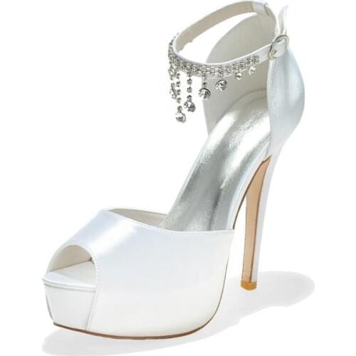 Only 1 pair - size 38 White platform satin evening dress shoes open toe crytal tassel fringe ankle strap bridal wedding heels