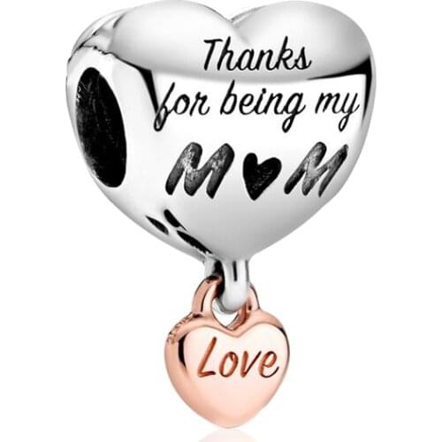 5PCS Hot Thanks Being My MOM Charm Heart Shape Big Hole Metal Beads Fit Original Snake Bracelets Women Jewelry Love Mother Gift