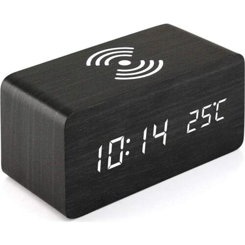 Wooden Alarm Clock With Qi Wireless Charging Pad Compatible With For Iphone Samsung Wood Led Digital Clock Sound Control Functio