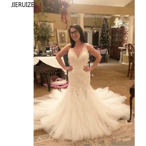JIERUIZE Fashion Lace Mermaid Wedding Dresses V Neck Appliques Sleeveless Wrap Wedding Gowns Bride Dresses vestido de noiva