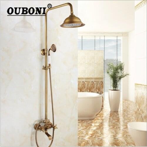 OUBONI Antique Brass Bathroom Shower Faucet Retro Vintage Wall Mounted Rainfall Head w/ Hand Sprayer Outlet Mixer Shower Set