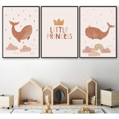 Cartoon Crown Whale Wall Painting Clouds Rainbow Canvas Print Boho Child Poster Nursery Wall Art Pictures Girls Baby Room Decor