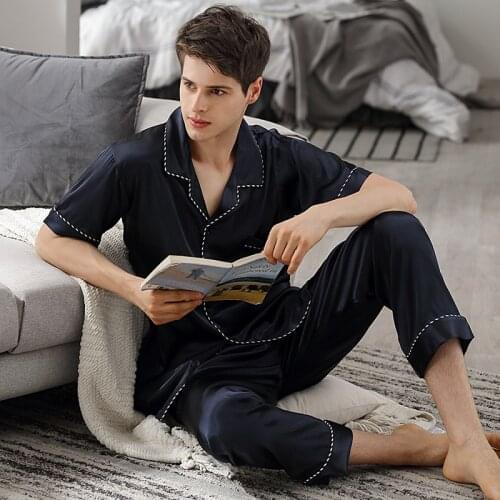 Mans Pajamas Summer Ice Silk Short-Sleeve Long Pants Two-Piece Sets Silk Satin Thin Style Sleepwear Male Navy Blue X90010
