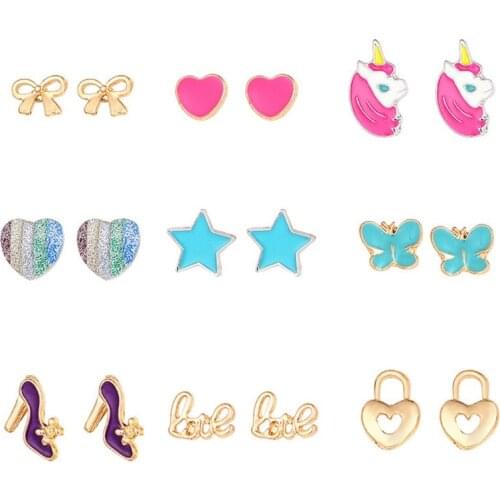New Earrings Girl 9 Pairs Cute Small Unicorn Butterfly Bowtie Stud Earrings Set For Kids Girls Cute Small Stud Earrings