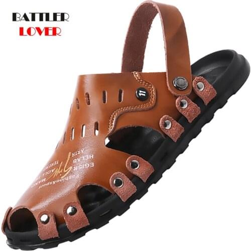 2020 New Men Sandals Breathable Genuine Leather Beach Sandalies Fashion Lightweight Men Casual Shoes Comfortable Slippers Rubber
