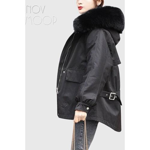 Novmoop faux fox fur hood imitate rabbit hair liner women coat with back buckle decor adjustable belt LT3285