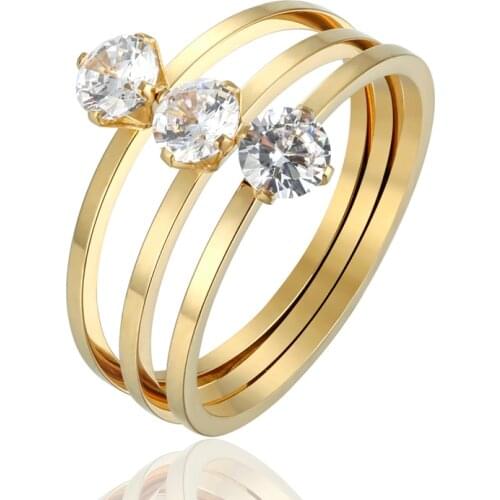 New Beautiful Shiny Three Merged Crystal Wedding Rings Stainless Steel Gold Jewelry Ring For Women Love Gift Anillo Wholesale