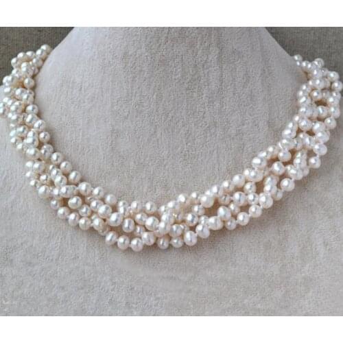 Genuine Freshwater Pearl Necklace, 18 inches 4 Rows 5-6mm White Color Chokers Pearl Jewellery,Fashion Ladys Gift
