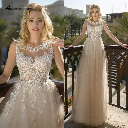 Champage Beach Wedding Dresses 2021 Scoop Neckline Princess Lace Appliqued Wedding Gowns for Bride Back Out