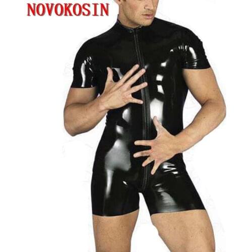 Plus Size S-3XL 2018 Men Long Zipper To Crotch Back Faux Leather Bodysuit Short Length Pants DS Night Club Teddies Sexy Lingerie