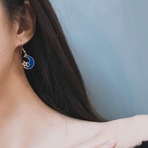 RONGBIN Japanese Korea Small Blue Star Moon Earrings planet geometric circular Long brincos oorbellen boucle d oreille ohrringe