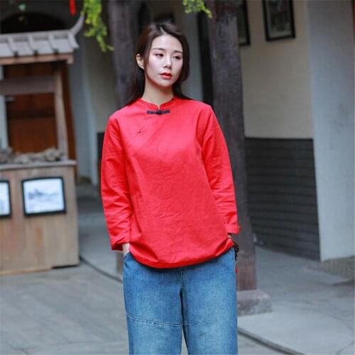 Shanghai Story 2020 New Spring Autumn Linen Cotton Shirt for Women Long Sleeve Chinese Button Blouse 3 Color