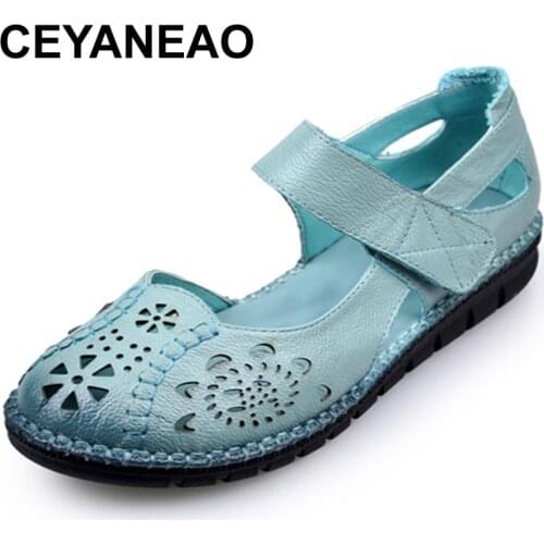 CEYANEAO 2018 Genuine Leather Handmade Mother Sandals Soft bottom Casual Woman shoes Fashion Cut-Outs Flat Womens Sandals