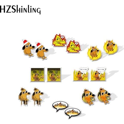2021 New This Is Fine Stud Earring Yellow Dog Acrylic Resin Earrings Epoxy Handmade Jewelry Gifts Girl