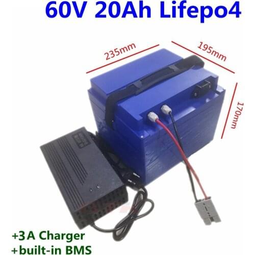 Waterproof 60v 20Ah Lifepo4 battery pack with bms Lithium iron battery 20ah 60v Electric Bike scooter motor battery+3A charger