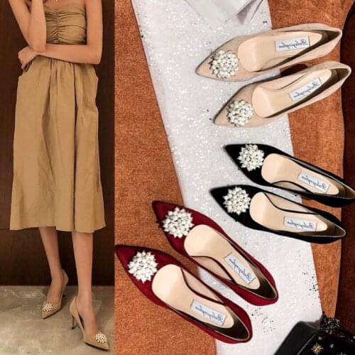 Womens shoes 2021 red suede high heels women stiletto shallow mouth wedding shoes pearl temperament was thin single shoes