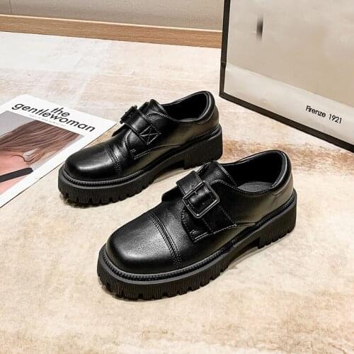Square toe buckle belt oxford shoes woman high quality leather creepers zapatillas mujer 2021 new desig platform flats women