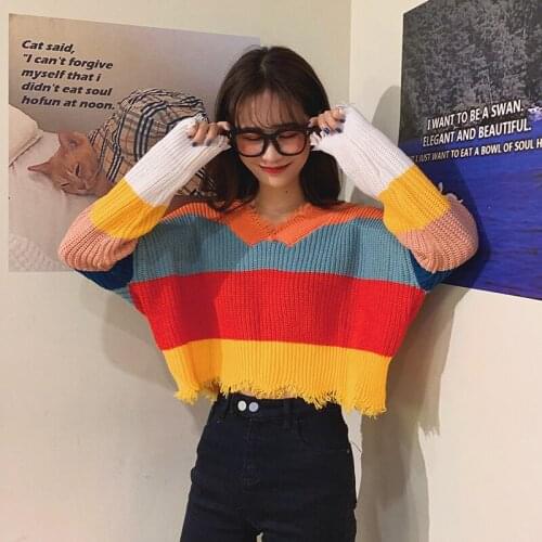 2021Autumn And WinterKnitted Pullover Women Korean Short Sweater Long sleeve V neckRainbow stripesShort top Loose coat trend