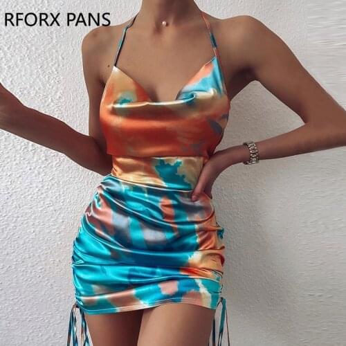 Women Print Satin Spaghetti Strap Drawstring Dress Casual Dress Elegant Fashion Chic Dress