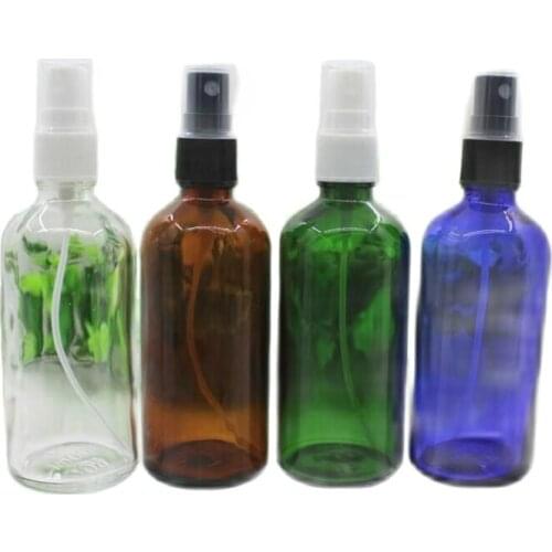 100ml green/clear/blue/brown glass bottle with white black mist spray pump for essential oil serum water skin packing