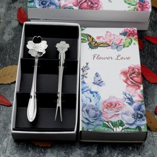 100set Stainless Steel Flower Shaped Silver Gold Scoop Fork Dinnerware Set Coffee Stiring Scoop Wedding Party Favor ZA5146