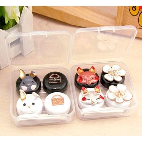 2pairs Animal Contact Lens Case Set Cute Rabbit Fox Flower Contact Lenses Box Container For Lenses Travel Eyewear Accessories