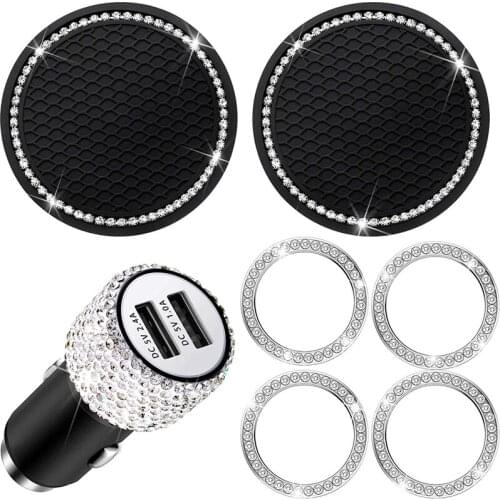 7 Pieces Bling Car Accessories Set 1Pcs USB Car Charger 2Pcs Rhinestones Cup Holder Coasters 4Pcs Start Ring Sticker