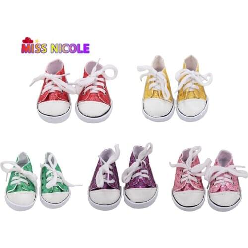 Doll Accessories 7.5 cm Doll Shoes With Sequin Lovely Canvas 5 Styles Snekers For 18 Inch American Dolls Girls