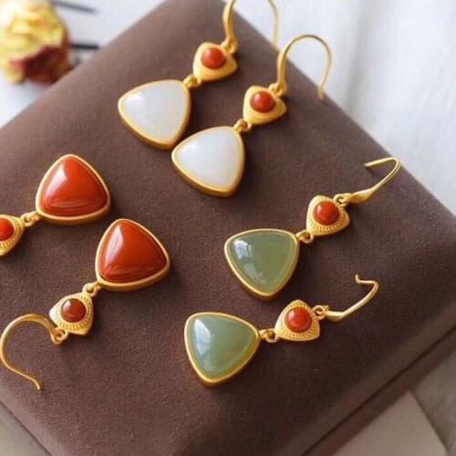 Natural Hetian white jade southern red geometric Earrings Chinese style retro palace new unique silver jewelry