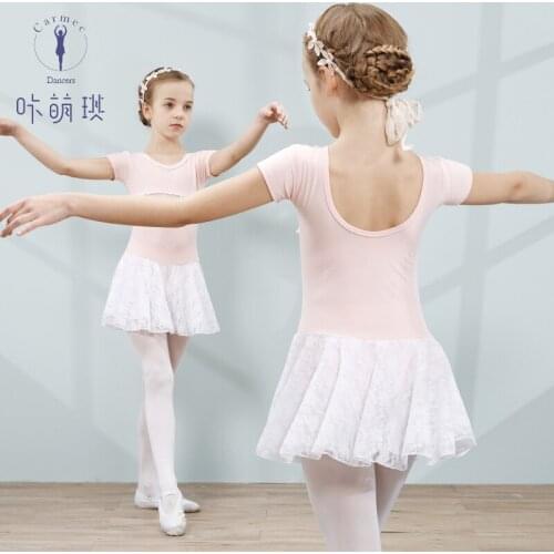 Cotton Short Sleeves with Lace Skirt Children Gymnastic Leotard Girls Practice Standard Dancewear 5 Colors Free Shipping C0021