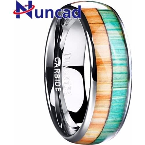 Inlay Brown Green Colors Wood Grain Dome 8mm Width Polishing Tungsten Steel Men Ring 2018 Trendy Male Knuckle Ring Jewelry