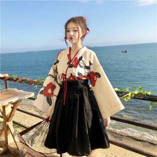 Japanese Style Floral Print Kimono Haori For Girls Women Top Short & Long Skirt Outfits Full Sleeve 2019 Kawaii Summer Fashion