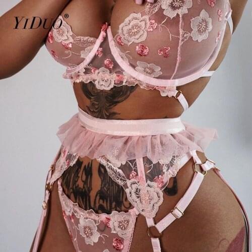 YiDuo Erotic Sexy Lace Sensual Lingerie Set Woman Underwear Set Floral Embroidery Pink Mesh Brief Sets 3 Piece Set Underwire Bra