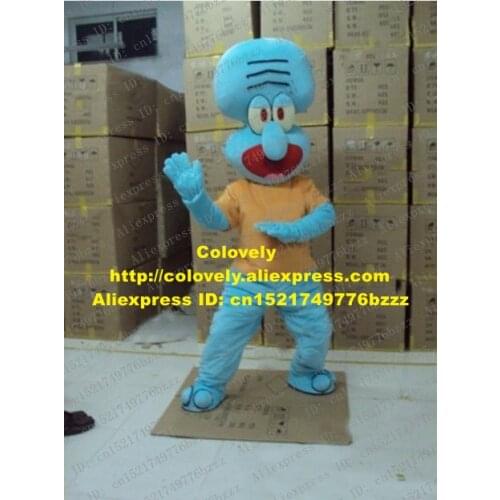 Cute Blue Squidward Tentacles Octopus Mascot Costume Devilfish Octopoda With Big Red Mouth Orange Shirt Adult No.2034 Free Ship