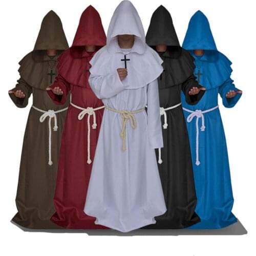 Medieval Monk Clergy Plauge Doctor Costume Gown Robe For Adult Men Priest Hood Cowl Cape Christian Cloak Halloween Cosplay